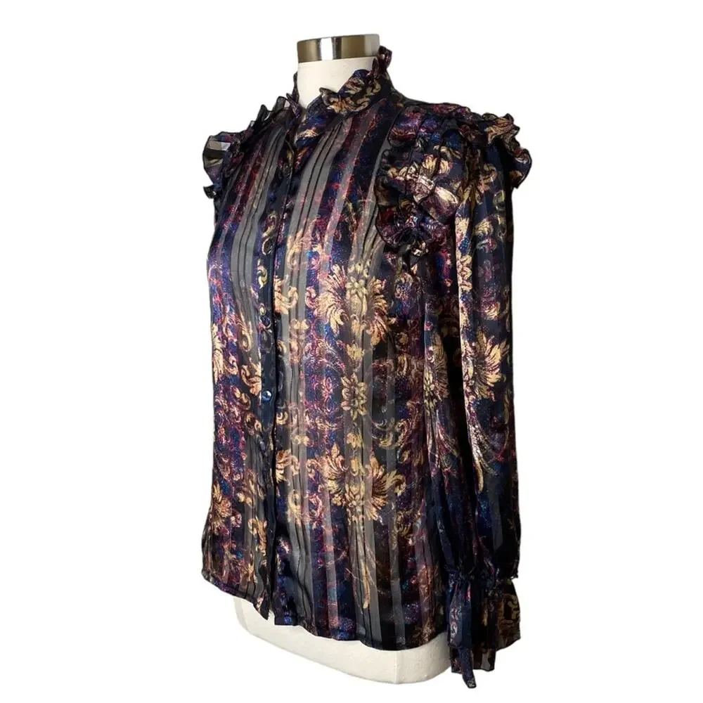 Jeff Gallano Printed Button Front Long Sleeve Sheer Blouse Women's UK 1‎ US 6 8
